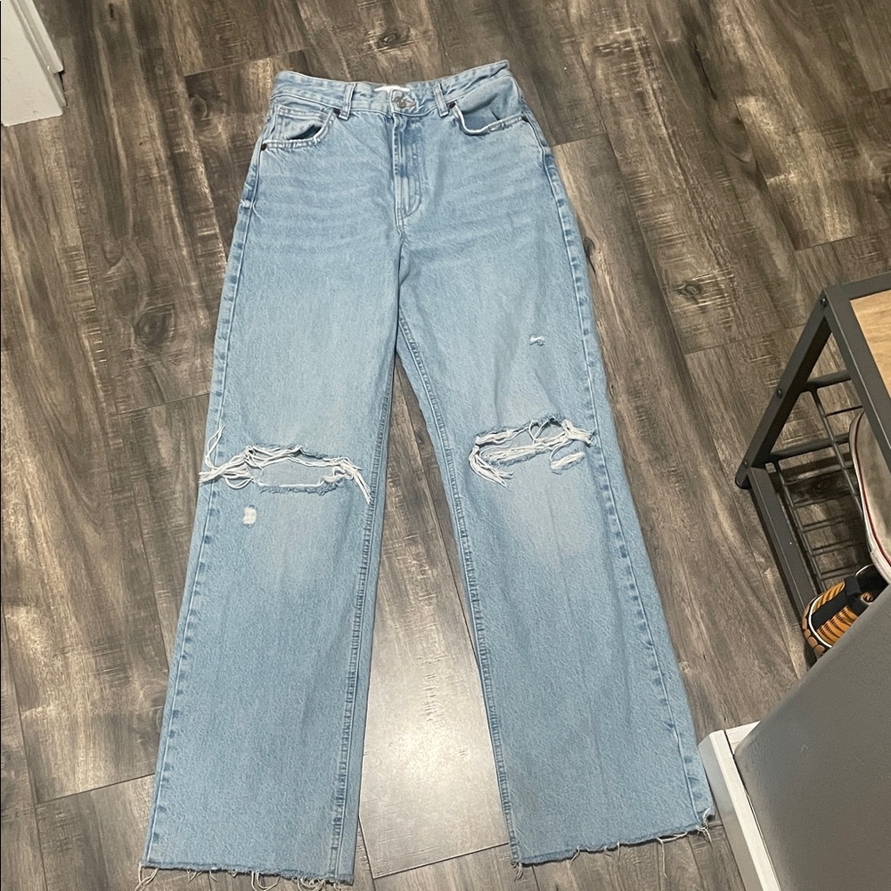 Zara Light Blue Distressed Wide Leg Jeans